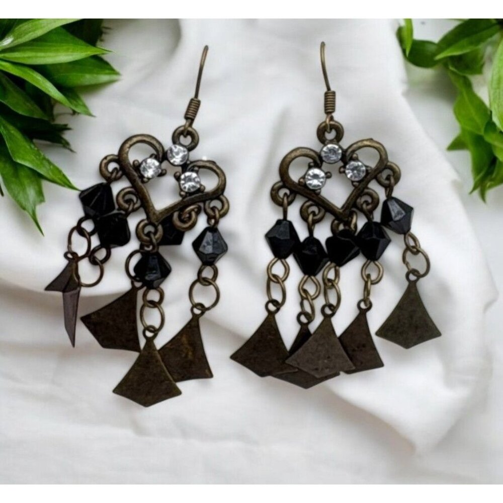Vintage Heart Chandelier Earrings Black Beads and Rhinestone Accents Retro